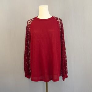 Elegant Holiday Red Lace Sleeve Top With Wrist Holes